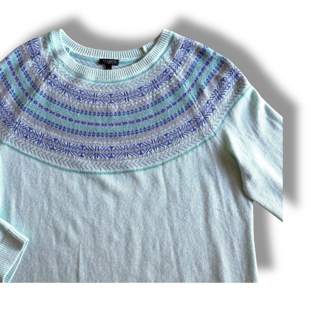 Talbots Plus Womens 1X Mint Green Fair Isle Yoke Lambs Wool Blend Sweater - Picture 3 of 6
